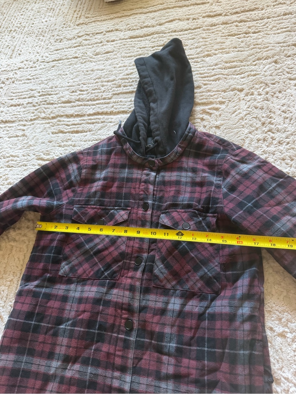 Volcom Plaid Hooded Button-Up Jacket in Burgundy and Black - Picture 3 of 6